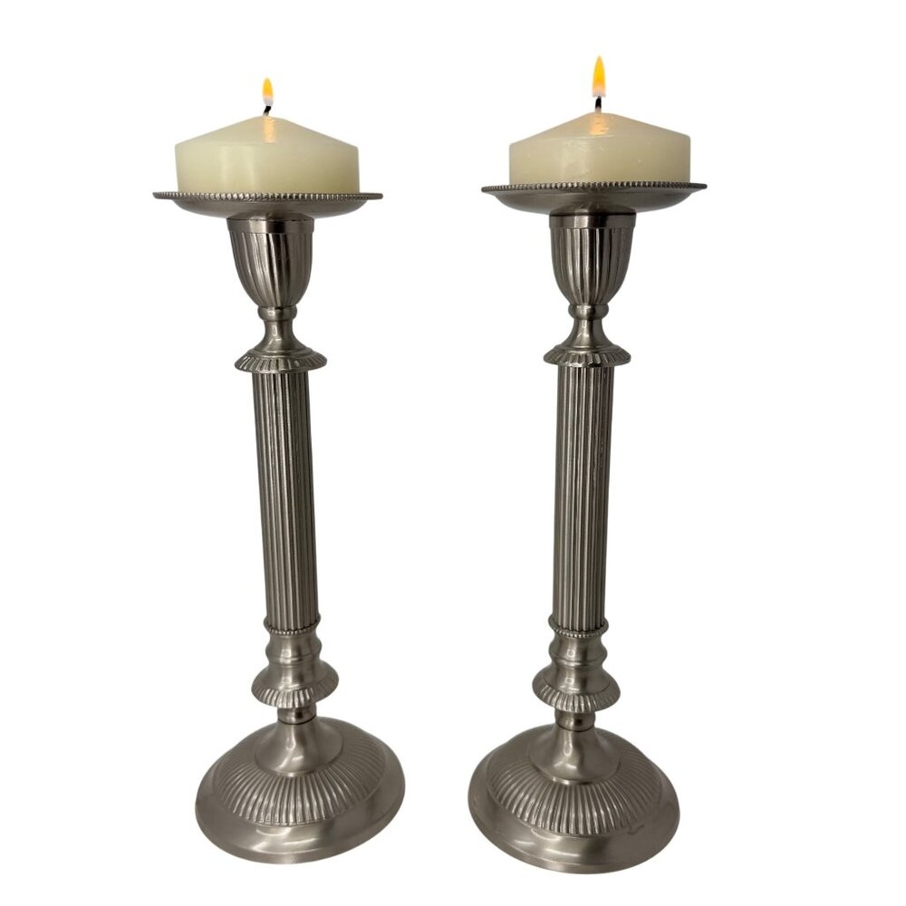 Heavy‎ Silver Pillar Taper Candle Holders Pair 12" Classic Metal Candlesticks